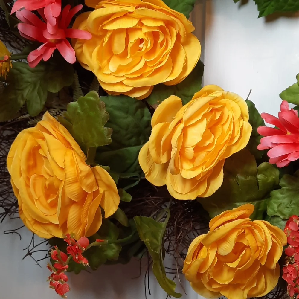 Wreath Yellow Renunculas Silk Artificial Flower Indoor Outdoor Door Wall Decor